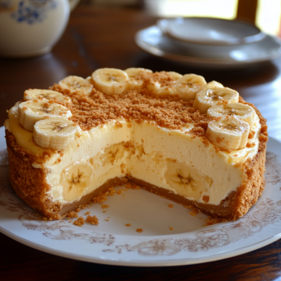 Banana pudding cheesecake preparation with vanilla wafer crust.

