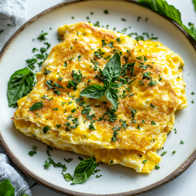 Fluffy cheese omelette on a plate with melted cheese and garnished with herbs.

