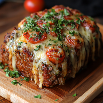 Cheese stuffed meatloaf served with mashed potatoes and green beans.

