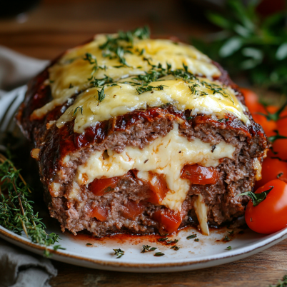 Cheese stuffed meatloaf preparation with cheese layer in the center.

