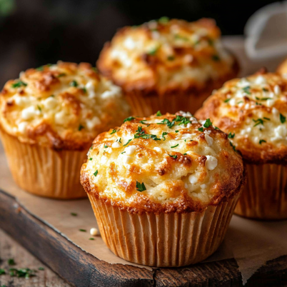 Cottage cheese muffins on a wooden board with fresh herbs and cheese on the side.