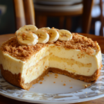 Banana pudding cheesecake topped with whipped cream and sliced bananas.