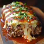 Cheese stuffed meatloaf preparation with cheese layer in the center.