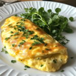 Fluffy cheese omelette on a plate with melted cheese and garnished with herbs.