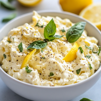 Creamy pasta with ricotta and lemon served in a white bowl with fresh basil.